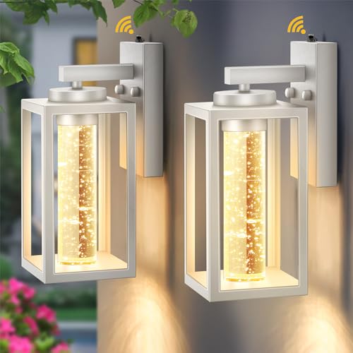 Image of VIANIS Dusk to Dawn Outdoor Sconce Lights, White Exterior Lighting Fixtures | Built-in 10W LED, Crystal Bubble Glass, Anti-Rust Modern Porch Lights Outdoor for Garage House, 2 Pack, Outdoor Wall Lights