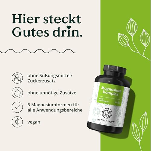 NATURE LOVE® Magnesium Komplex - 180 Kapseln - 400mg elementares Magnesium je Tagesdosis - Magnesiumcitrat, Magnesiumoxid, Magnesiumbisglycinat, Magnesiummalat, Magnesiumscorbat - Vegan, hochdosiert 5