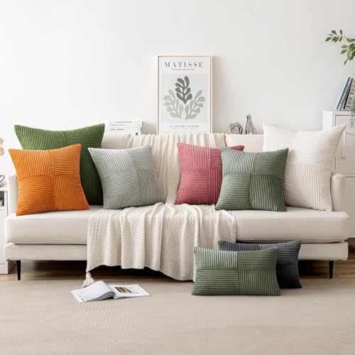 Image of MIULEE Light Olive Green Decorative Throw Pillow Covers 18x18 Inch for Couch Bed Sofa Pack of 2 Boho Farmhouse Throw Pillows Soft Cross Corduroy Patchwork Textured Cushion Cases