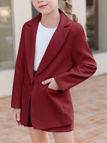 Image of Batermoon Girls 2 Piece Outfits Button Front Long Sleeve Blazer and Short Pants Suit Sets 4-14 Years