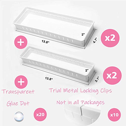 WOWGANISER White Drawer Organizer for Makeup Bathroom Organizer, 12 Adjustable Dividers, White Plastic, Set of 4 Trays, 13.8