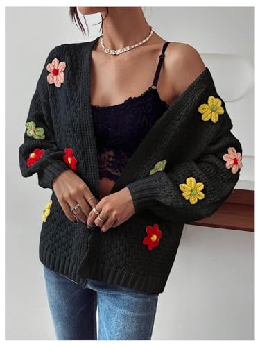 Image of Milumia Women's Floral Knit Open Front Long Sleeve Loose Sweater Cardigan Black X-Small