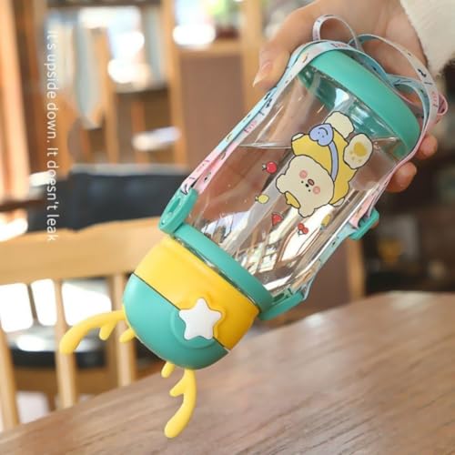 Garrafa Infantil Decorativa com Canudo, 2 Cores, Tampa com Orelhas, Alça Ajustável, Desenhos de Urso