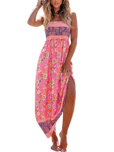 Image of CUPSHE Women Spaghetti Straps Boho Maxi Dress Summer Sleeveless Smocked Floral Beach Long Dress Flowy Cruise Vacation Outfits