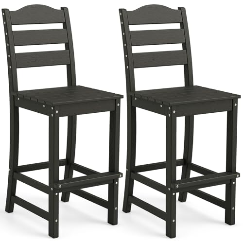 Image of Tangkula Patio HDPE Barstool, Outdoor High Top Bar Chair w /Backrest & Footrest, All-Weather Wood-Plastic Bar Height Chair for Poolside, Backyard, Porch (2, Black)