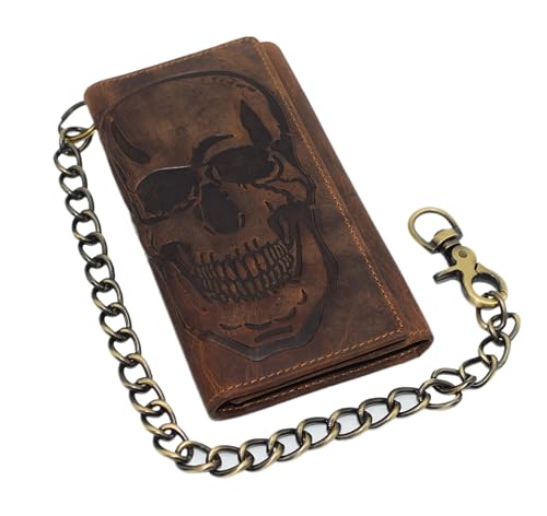 RFID Blocking Mens Tri-fold Long Style Crazy Horse Leather Steel Chain Wallet, (Skull Brown)3