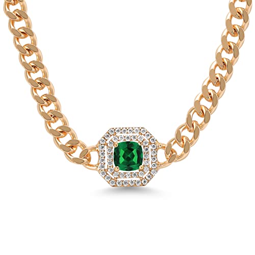 Gem Stone King 14K Gold Plated Green Nano Emerald And Moissanite Cuban Curb Link Chain Pendant Necklace For Women (1.24 Cttw, Cushion 6Mm, 16 Inch Chain + 2 Inch Extender) #TOP28