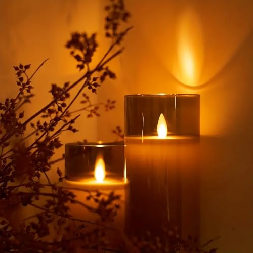 Image of Flameless LED Pillar Candle Set of 2 | Acrylic Fiber Glass | Dancing Faux Wick | Remote Control with Battery Operated 3 AA | Home Decor & Gifting | 3 inch D x 6 inch H | Grey