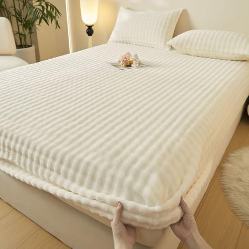 Beydodo Juego de 3 Piezas Sábanas Bajera 90 x 200 CM + 2 Almohadas,Terciopelo Bajera Ajustable Color Sólido Beige Blanco