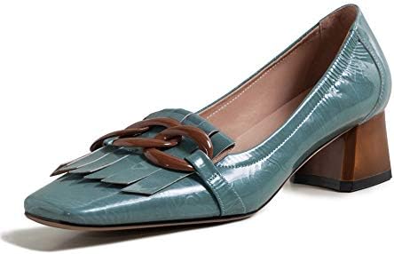 TinaCus Women's Genuine Leather Square Handmade Tassels Chunky Heel Retro Loafers Shoes with Chain Décor(Blue, US7)