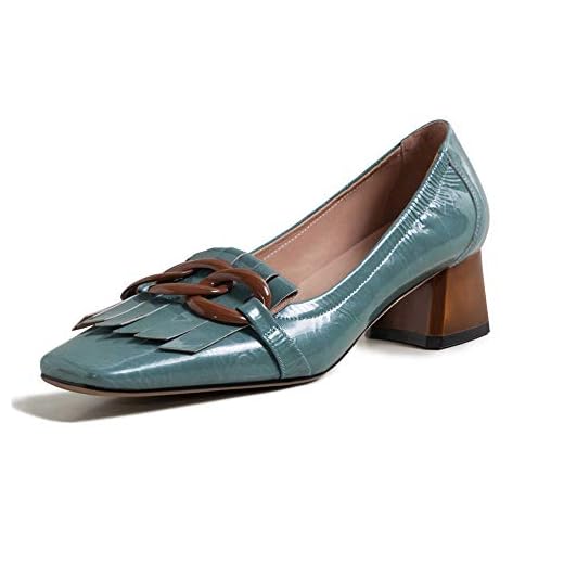 TinaCus Women's Genuine Leather Square Handmade Tassels Chunky Heel Retro Loafers Shoes with Chain(Blue, US7)