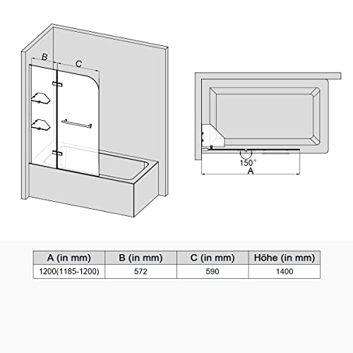 Miniatura 7 de Sonni Mampara Bañera Plegable Nano 120 X 140 Cm Cristal Templado 6mm Mamparas De Bañera Abatible 2 Hojas Con Estantería Y Toallero