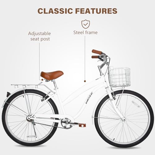 Image of WEIZE Beach Cruiser Bike, 24 26 inch Commuter Bicycle for Adult Men and Women, Front & Rear Fenders, Comfortable City Bikes with Rear Rack&Basket, Ergonomic Upright Design