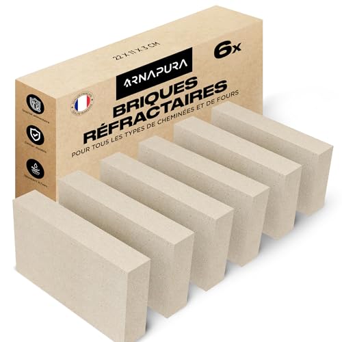 ARNAPURA Pack 6 Brique Réfractaire 22 x 11 x 3cm | Fabriquées en Argile Réfractaire | Brique Réfractaire Haute Temperature Parfaites pour Cheminées, Fours et Barbecues