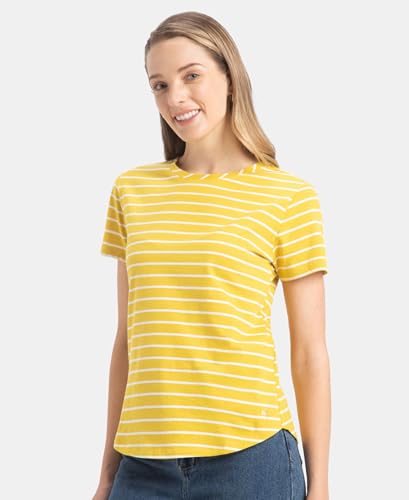 Image of Jockey A121 Women Super Combed Cotton Stripe Fabric Relaxed Fit Round Neck Half Sleeve T-Shirt with Curved Hem Styling