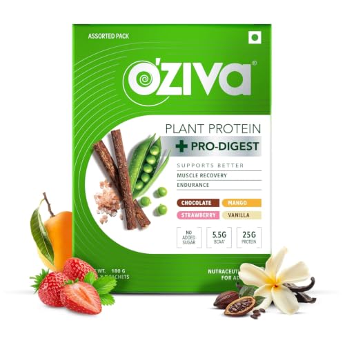 Image of OZiva Plant Protein + Pro-Digest | 25g Protein | Supports Muscle Recovery | Assorted Flavours | 180g