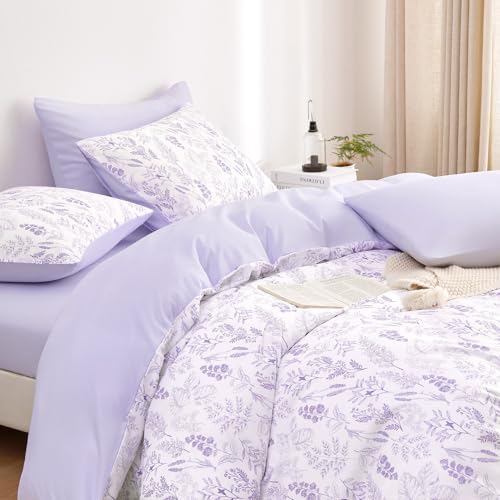 Image of Wake In Cloud - Floral Comforter Set, Botanical Vintage Flower Coquette Cottagecore Aesthetic for Women Teen Girls, Soft Lightweight Dorm Bedding, 3 Pieces, Lilac, Queen Size