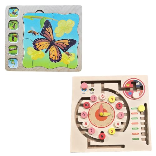 Image of Butterfly Life Cycle Puzzle for Kids, Wooden Puzzle with Layers Showing Butterfly Transformation, Ages 2+ | Weather Calendar Clock - Weather & Time Learning | Combo Pack of 2