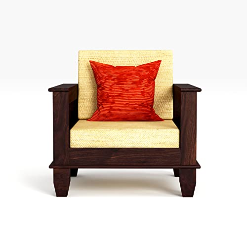 Image of Solid Sheesham Teak Wood Wooden Sofa Set 5 Seater Home Furniture Living Room | (Wooden Sofa Set 3+1+1) |Teak Wood Furniture | Sofa Set 5 Seater | Without Pillow | Cream Cushions