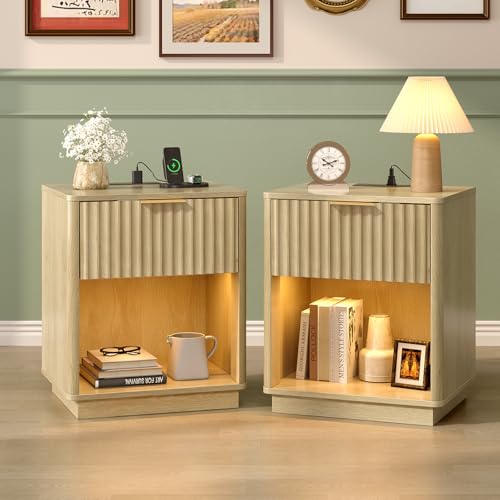 VINGLI Nightstands Set of 2 with Charging Station, LED Nightstand Fluted with Rounded Edge, 19