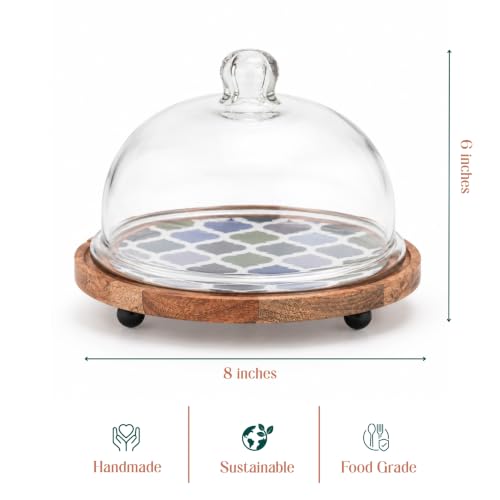 Image of Frosty Bliss Acacia Wood Cake Stand glass Dome | Glass Dome Lid Cake Plate | Multipurpose Serving Stand for Wedding Birthday Parties | Dessert Pastry Display