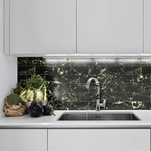 Azulejos Adhesivos Cocina Mármol Oro Negro Azulejos Adhesivos Baño Pvc Baldosas Adhesivas Pared Impermeable Vinilo Adhesivo pared Cocina Duradero Vinilos Baño 10.16x20.32cm/32 pcs