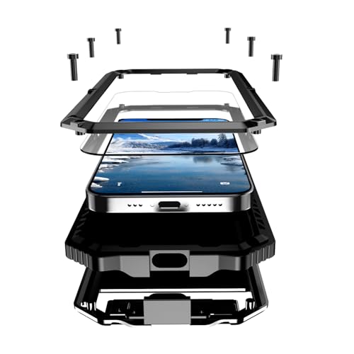 MIYIYQP Coque pour iPhone 16E 5G, Aluminium Métal Antichoc Militaire Heavy Duty Robuste Couverture Housse Coque,avec et béquille & Protection de la caméra & Protecteur d'écran (Noir)