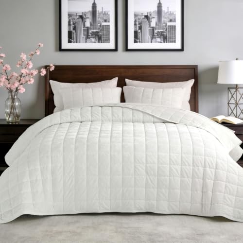 KASENTEX Twin Greek Velvet Quilt Set, 68×86", Bright White