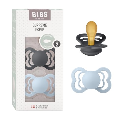 BIBS Supreme Soother 2-Pack, BPA Free Dummy Pacifier, Symmetrical Nipple. Natural Rubber Latex, Size 2 (6-18 Months), Iron/Baby Blue