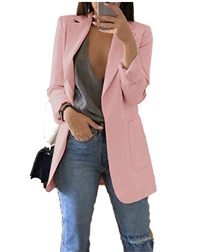 Andongnywell Clearance Women Summer Notched Lapel Open Front Blazer Jacket with Pocket (Pink,Large)