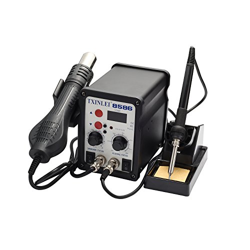 TXINLEI 8586 110V Solder Station, 2 in 1 Digital Display SMD Hot Air Rework Station and Soldering Iron, 12pcs Different Soldering Tips,Solder Wire,Tweezers,Desoldering Pump,700W 480℃