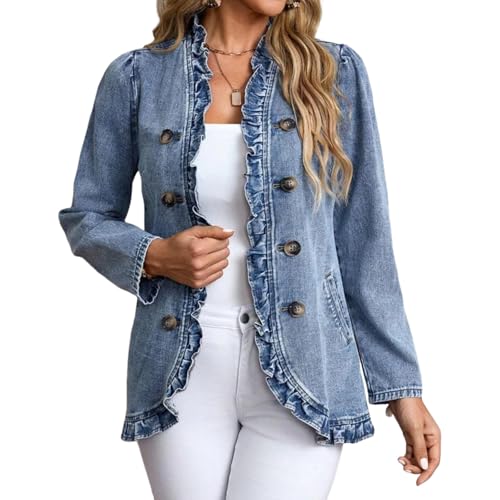 Women's Elegant Ruffled Denim Collarless Jacket Double Breasted Side Pocket Jean Coat 2025 Spring Casual Fashion Outwear