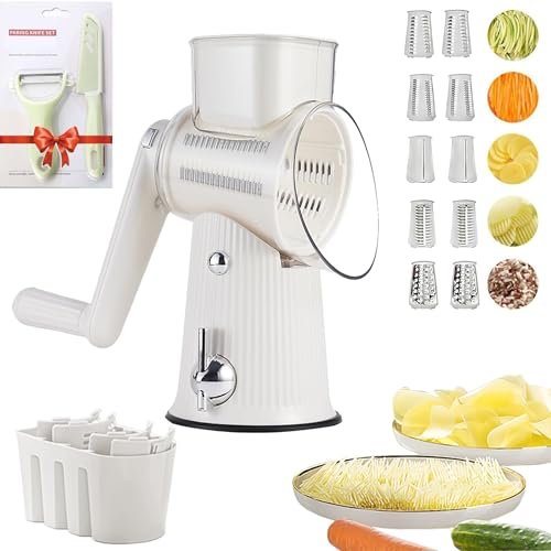 BSFRNF Ralador De Queijo Rotativo 5 Em 1, Fatiador De Legumes Para Cozinha, Ralador De Cenoura - Ralador De Alimentos Com 5 Conjuntos De Lâminas Intercambiáveis E Base De Sucção Forte (Branco)