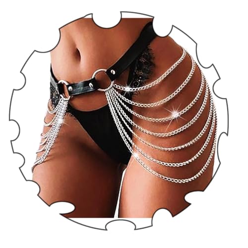 Cinturón de cadena de cuero negro punk, accesorio para el cuerpo y joyería gótica de mujer