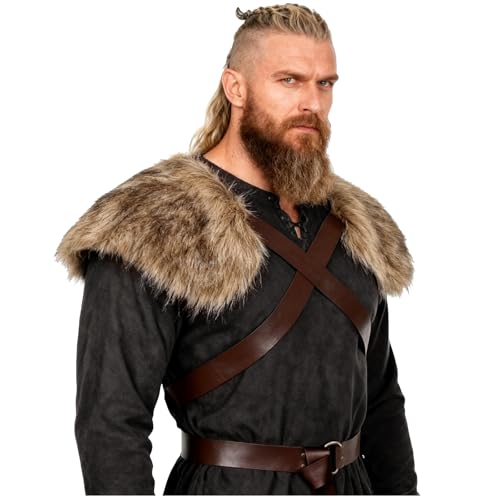 LVOW Men Viking Fur Mantle Shoulder Shawl Barbarian Fur Wrap with Leather Strap Medieval LARP Coverlet Faux Fur Capelet Cosplay Costume(Brown-2)