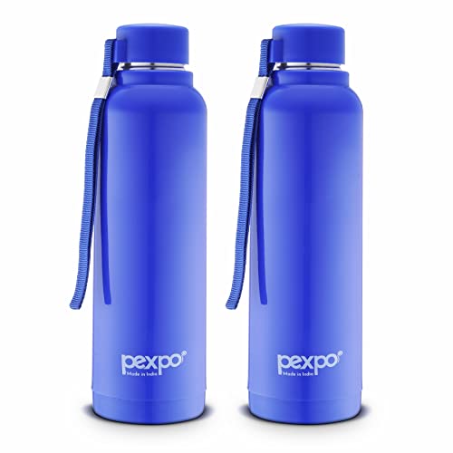 Pexpo Stereo 900 PU Insulated Water Bottle for Adult - 680ml | Wide Mouth Cap | Leakproof & BPA Free| Stainless Steel | Carry Loop | for School, Sports, Travel, Picnic, Outdoor - Blue Pack of 2