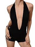 Milumia Women's Plunge V Neck Backless Sleeveless Bodycon Party Club Night Rompers Matte Black X-Small