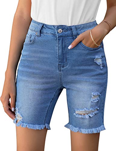 luvamia Women's Casual Ripped Washed Distressed High Waist Bermuda Shorts Summer Frayed Raw Hem Denim Shorts Light Blue Size X-Large