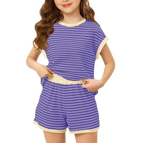 Girls 2 Piece Stripe Casual Outfits Kids Short Sleeve Tops Elastic Waist Wide Leg Beach Shorts Teen Summer Fashion Baggy(Purple, 7-8 Years)