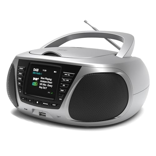 Portable CD Player with DAB/DAB+/FM Digital Radio | Bluetooth & USB MP3 Player | Large Display | Battery & Mains Powered (6xC) | Perfect for Home Office or Outdoors | AZATOM Zenith Z4 (Silver)