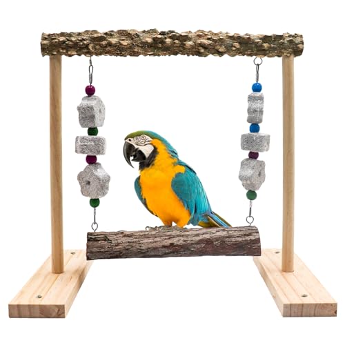 Image of Oooct Bird Swing Toy, Wooden Parrot Perch Stand with Calcium Stone Chewing Toys, Bird Hammock, Cage Accessories for Parakeets, Cockatiels, Conures, Budgie, Lovebird, Grey