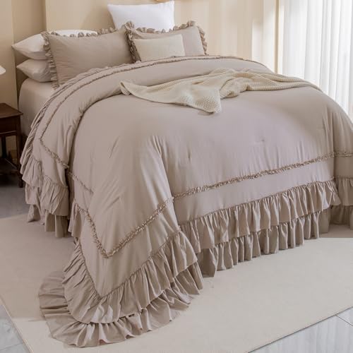 Masaca Set di biancheria da letto oversize per letto king size, 120 x 120, 3 pezzi, con volant, color tortora, shabby chic, per letto king size, leggero, rustico, ultra morbido