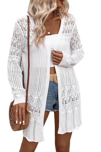 Women's White Crochet Hollow Out Open Front Cardigan