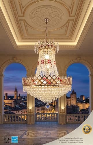 Image of ONFLOW AETERNA LUX Empire Crystal Chandelier with Ruby Red Accents - 32 inch Diameter x 45 inch Height - Elegant Gold Finish Hanging Ceiling Light for Living Room, Dining Hall, and Hotel Lobby (RED Shot)