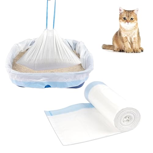 Katzenklo Beutel, 20 Stück, 67 x 40 cm, Selbstschließende Katzenstreubeutel mit Zugbändern, Weiß-Blau