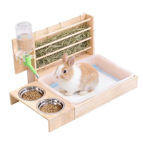 Mangeoire à Foin pour Lapin, Mangeoire à Foin en Bois, Mangeoire Foin Lapin, Râtelier à Foin en Bois, Abreuvoir Et Alimentateur Lapins 4 en 1, Ratelier...