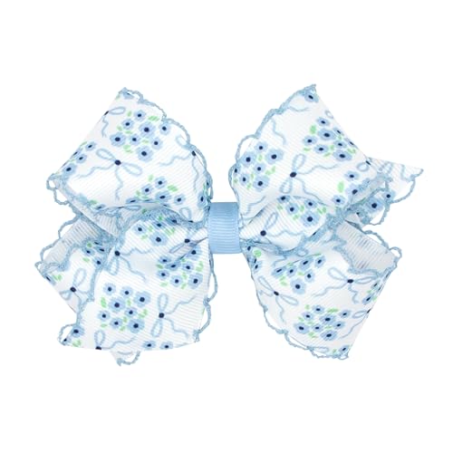 Wee Ones Girls' Moonstitch Edge Hair Bow in Spring Flower or Gingham Prints, Medium or King, on WeeStay No-Slip Clip, Medium, Blue Bow