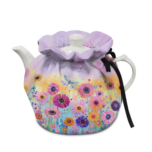 Image of Flower Dragonfly Print Tea Cosy Kitchen Home Decorative Tea Pots Cozy Insulation Keep Breakfast Warmer Insulated Teapot Cover Keep Teapot Warm, Purple