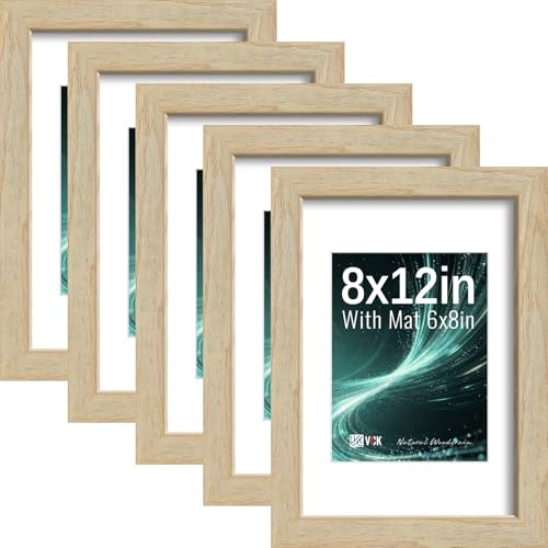Image of VCK 8x12 Picture Frame 5 Pack, Natural Exclusive Wood, HD Glass, for Photo