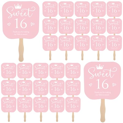 Geelin 25 Pcs Sweet 16 Birthday Party Favors Pink 16 Handheld Fans Thank You Paper Fans with Wooden Handle for Guests Sweet 16 Birthday Gift Souvenir Themed Party Decorations